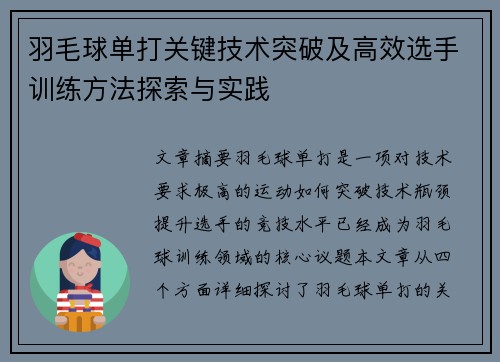 羽毛球单打关键技术突破及高效选手训练方法探索与实践