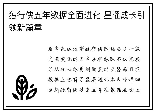 独行侠五年数据全面进化 星曜成长引领新篇章