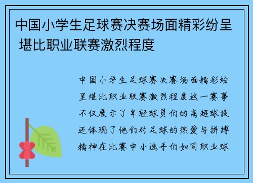 中国小学生足球赛决赛场面精彩纷呈 堪比职业联赛激烈程度