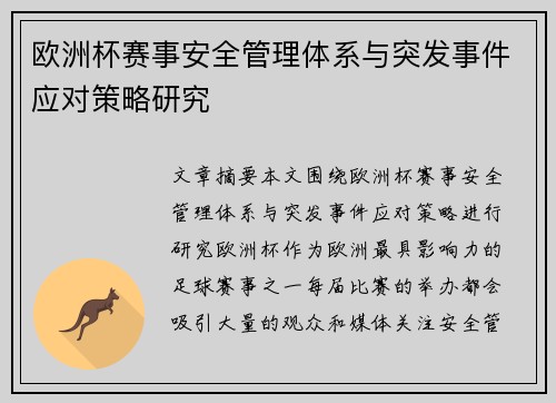 欧洲杯赛事安全管理体系与突发事件应对策略研究