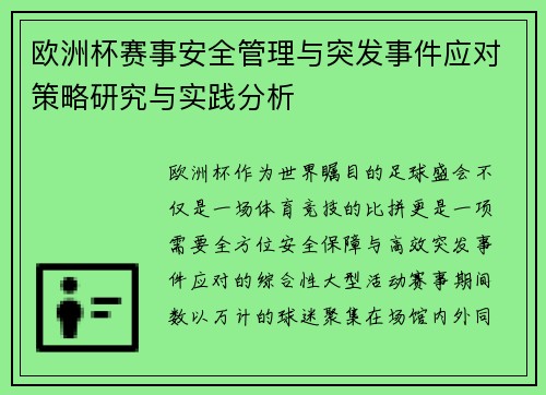 欧洲杯赛事安全管理与突发事件应对策略研究与实践分析